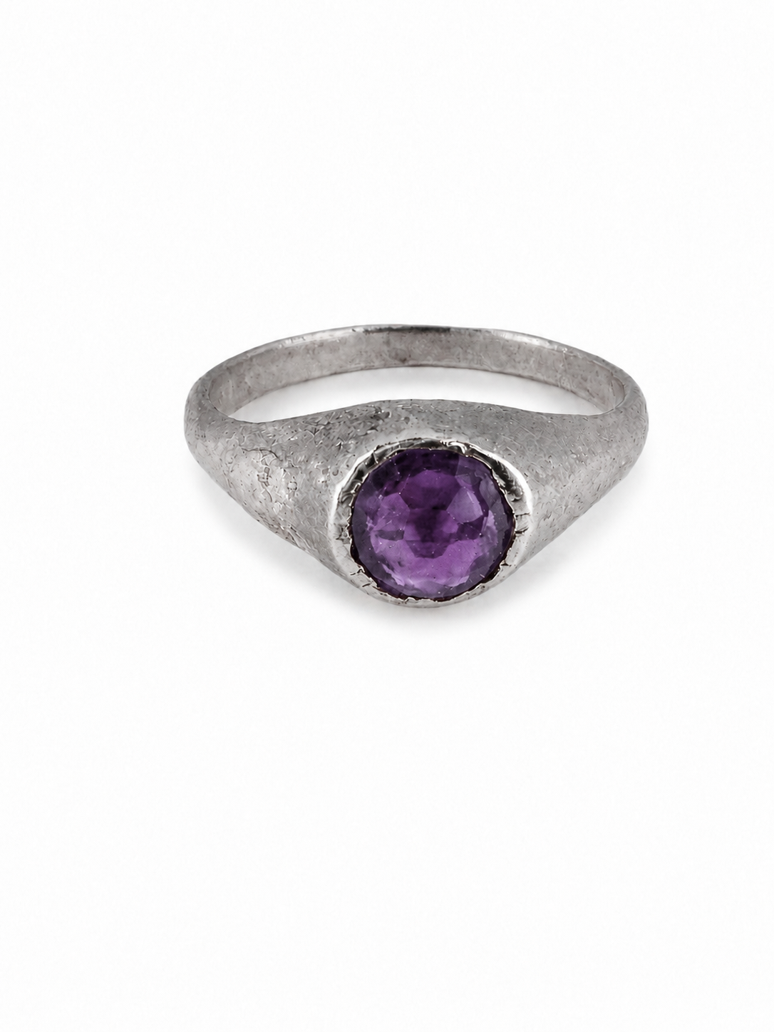 Silver medieval amethyst stirrup ring from East Yorkshire, with hand-cut gemstone