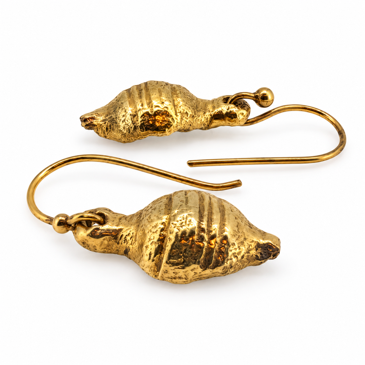 Gold Tudor acorn earrings — side view; British-made and individually hand cast in Leeds from a North Yorkshire find