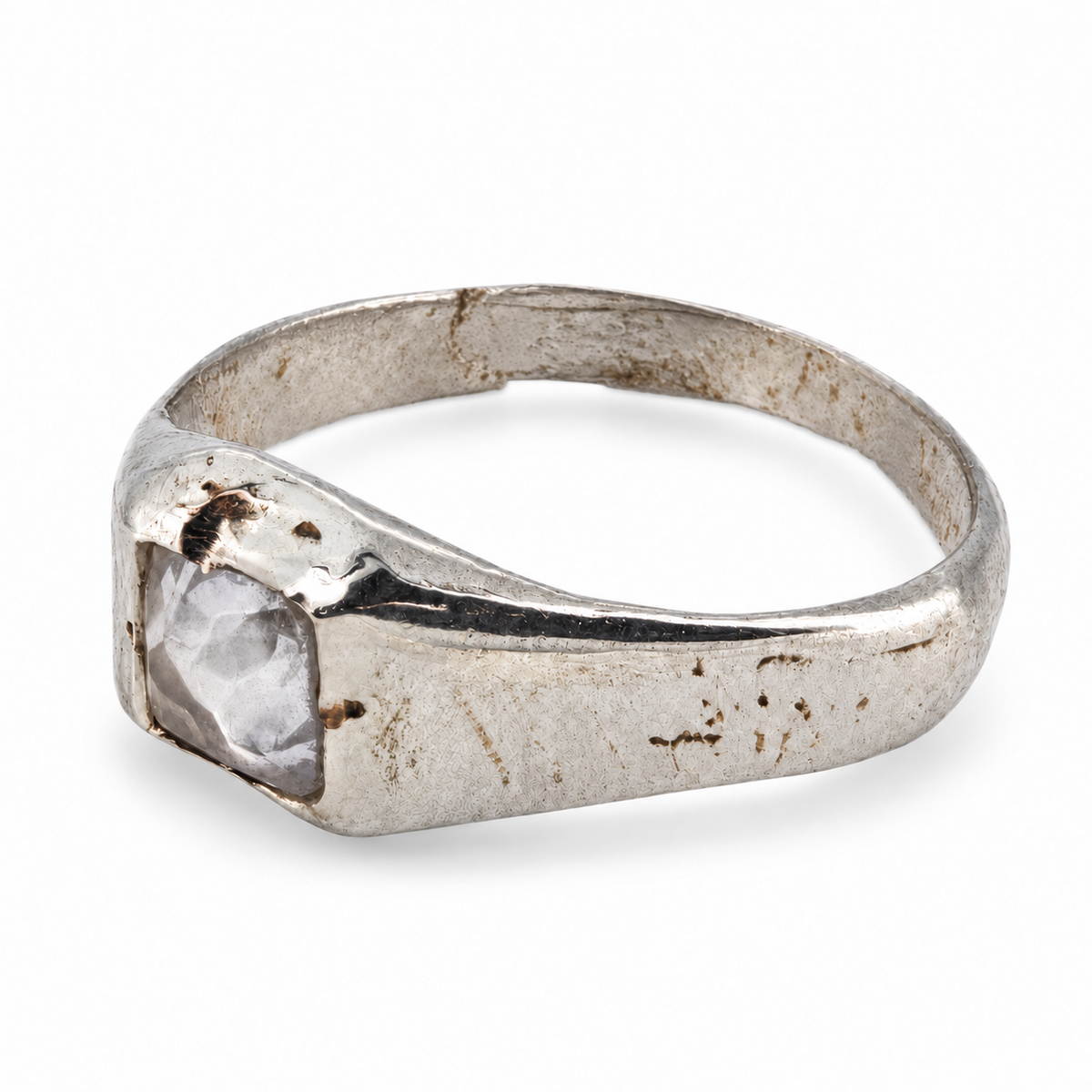 Silver medieval square gemstone ring from Humberside, diamond, three-quarter view
