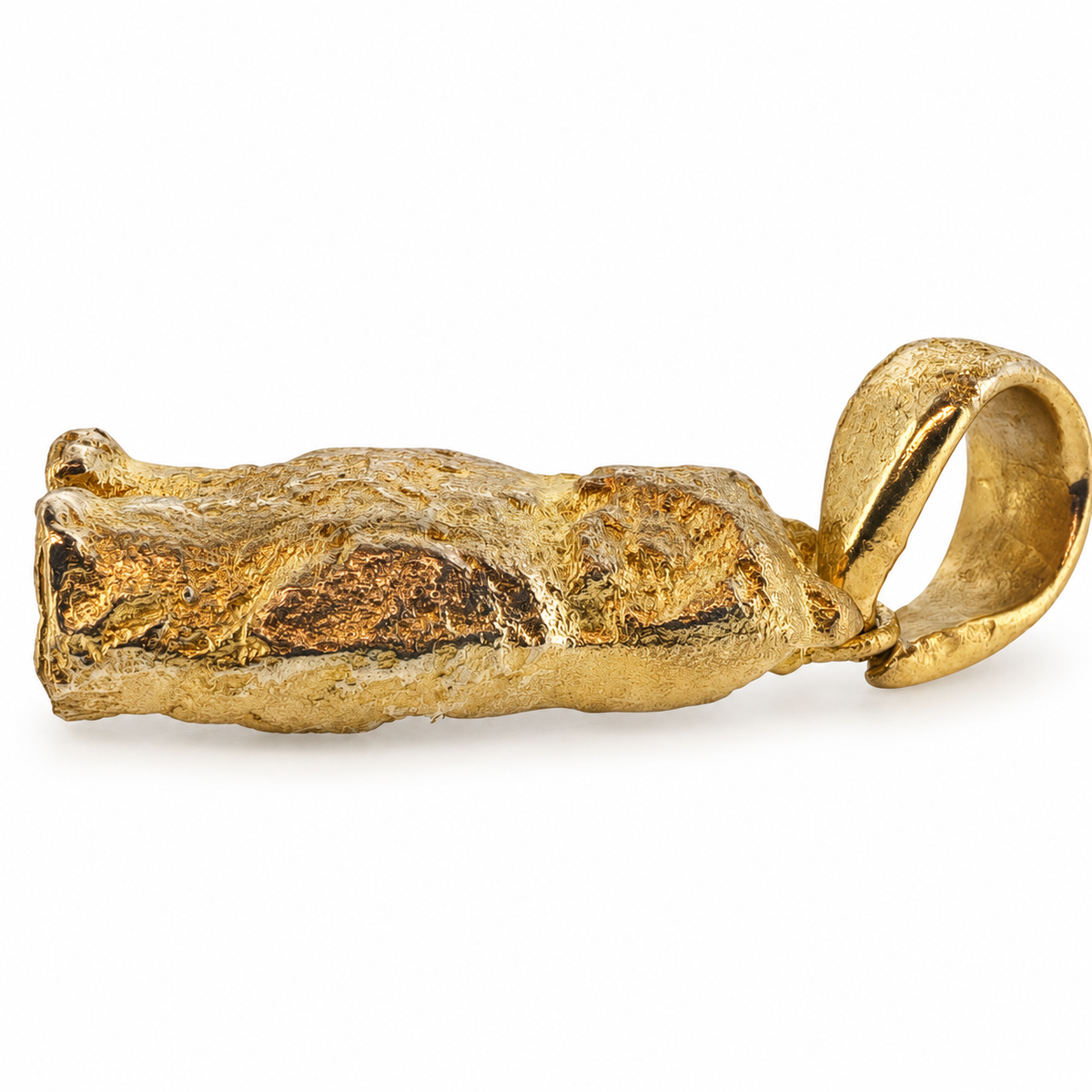 Gold Tudor owl pendant from Lancashire, side view.