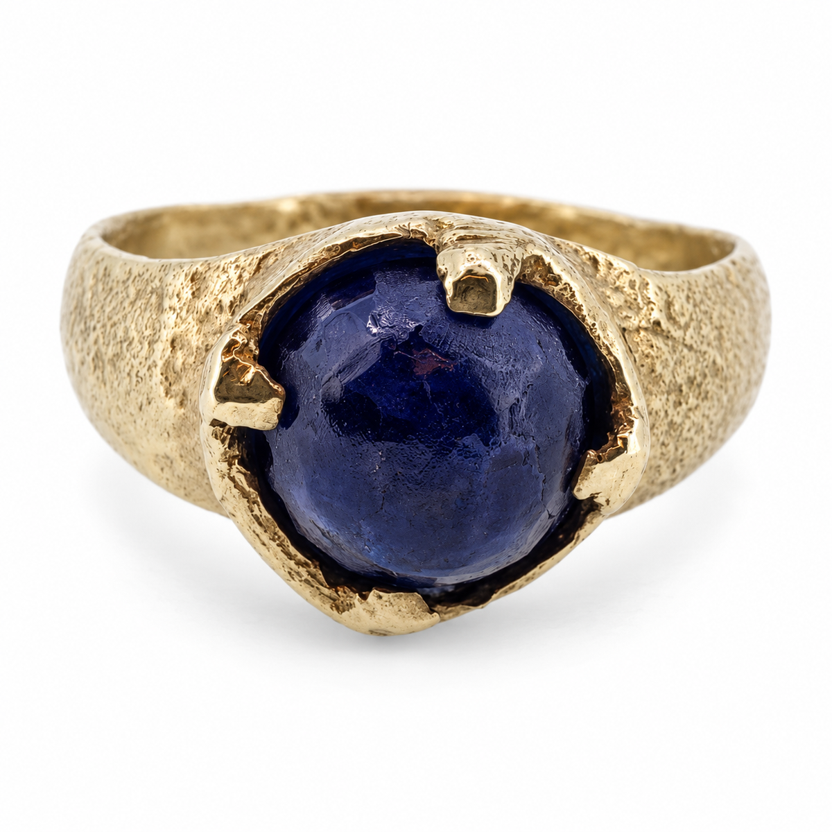 Gold Viking sapphire ring — front view; individually hand cast in Leeds