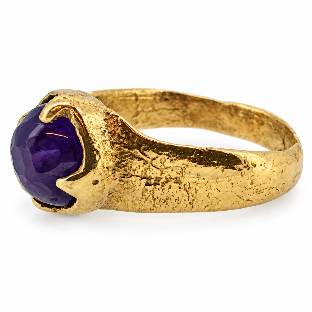 Gold Viking sapphire ring — side view; individually hand cast in Leeds