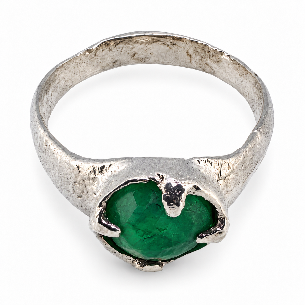 Silver Viking emerald ring — elevated view; individually hand cast in Leeds