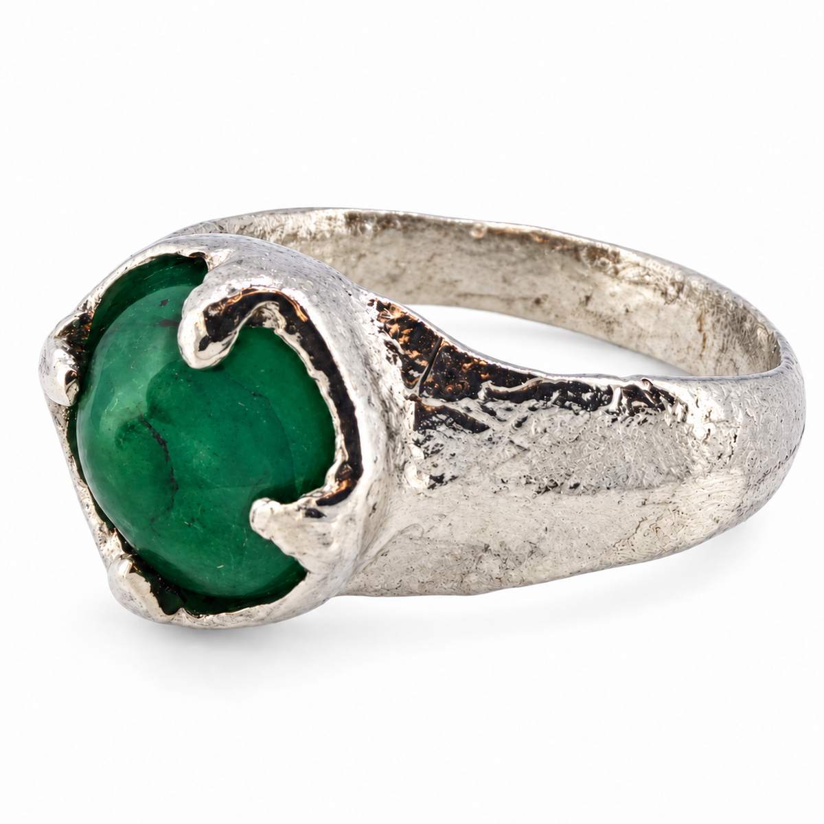 Silver Viking emerald ring — side view; individually hand cast in Leeds