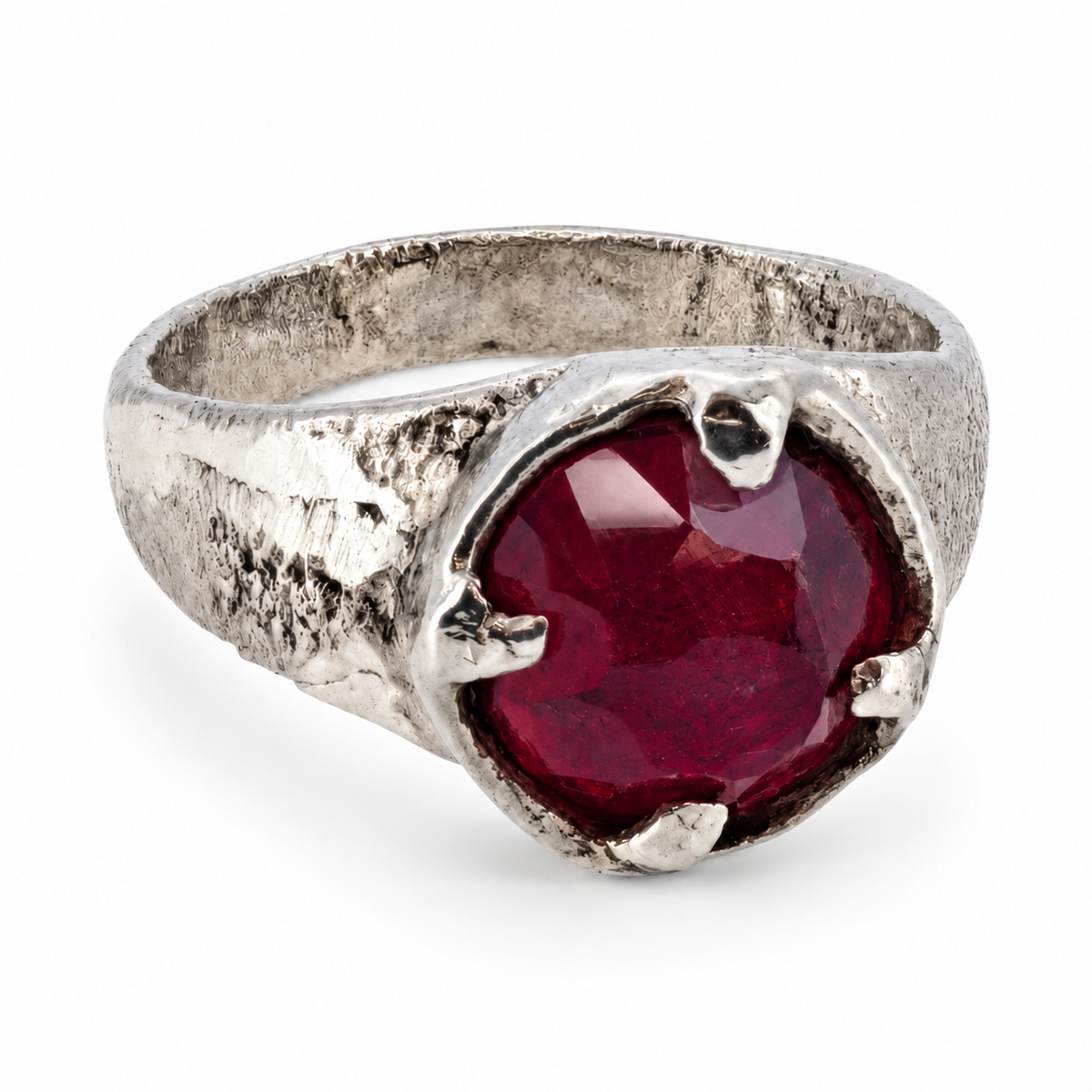 Silver Viking ruby ring — front view; individually hand cast in Leeds