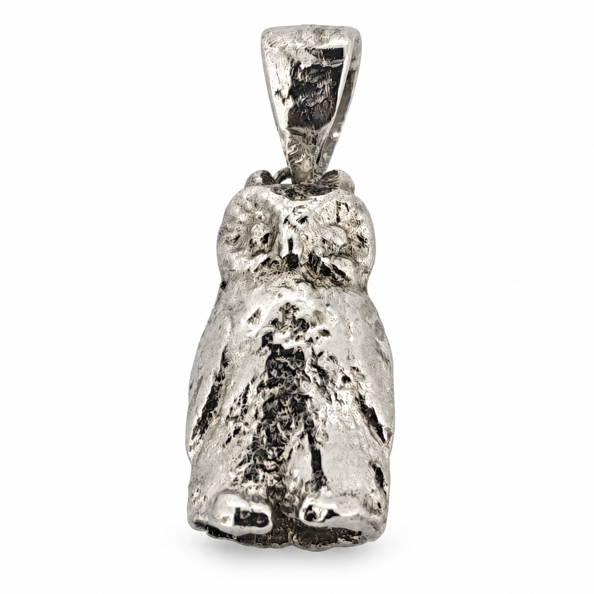 Platinum Tudor owl pendant from Lancashire, front view.