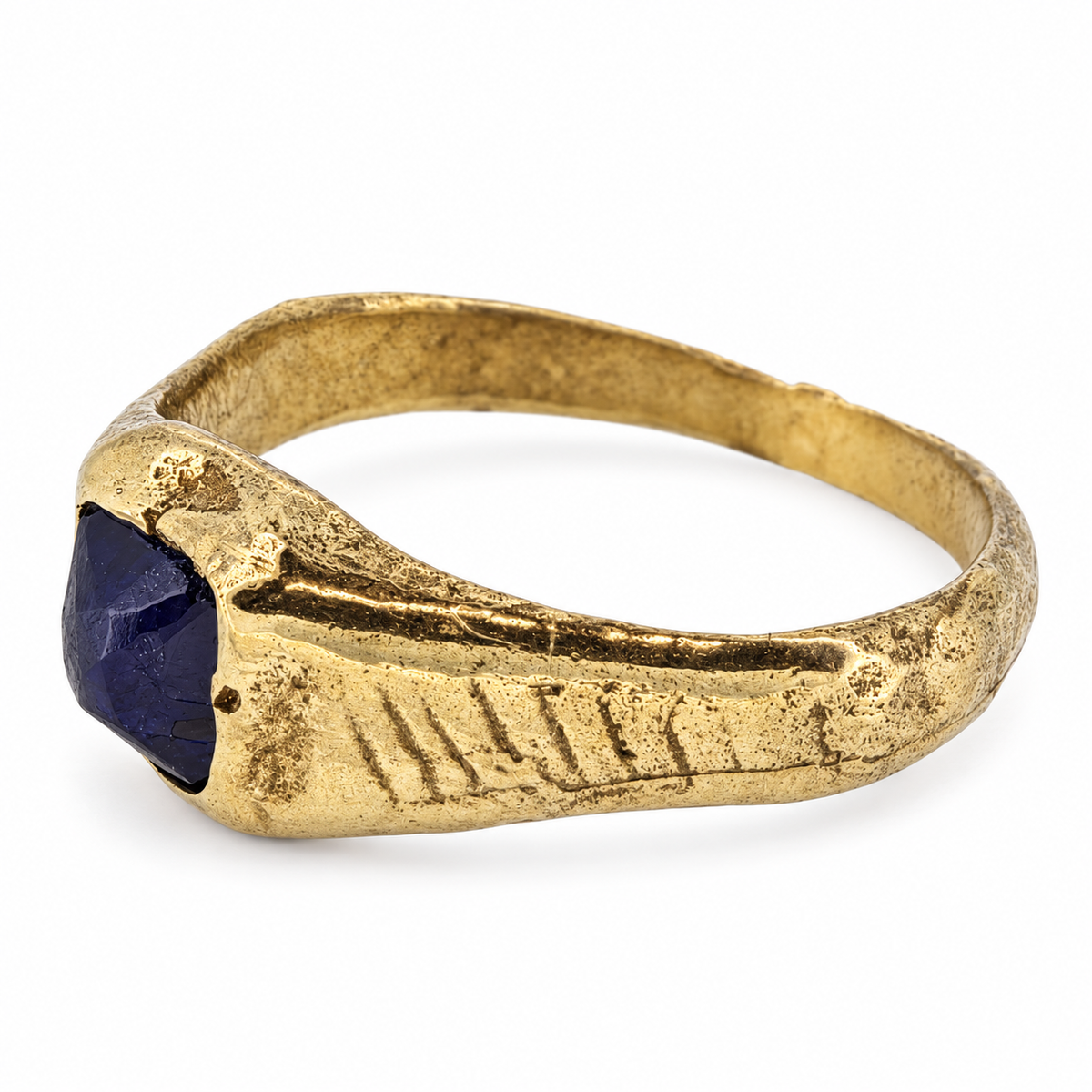 Gold medieval square gemstone ring from Humberside, sapphire, side view; individually hand cast in Leeds, British-made.