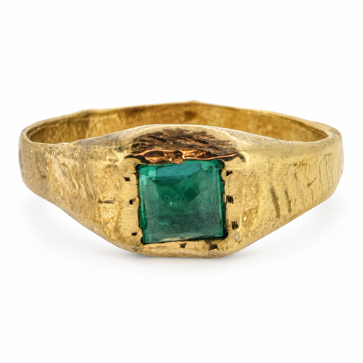 Gold medieval square gemstone ring from Humberside, emerald, front view; individually hand cast in Leeds, British-made.