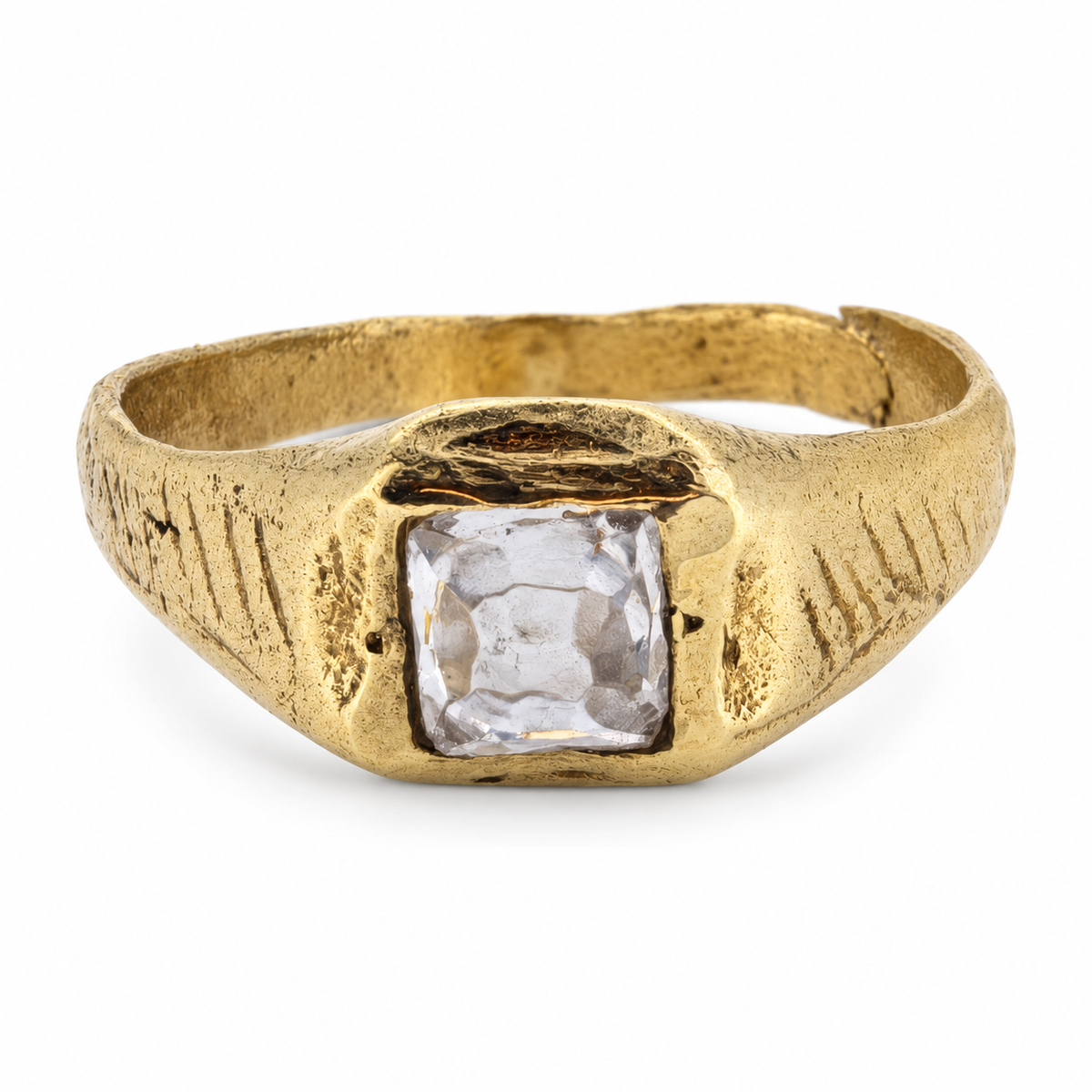 Gold medieval square gemstone ring from Humberside, diamond, front view; individually hand cast in Leeds, British-made.