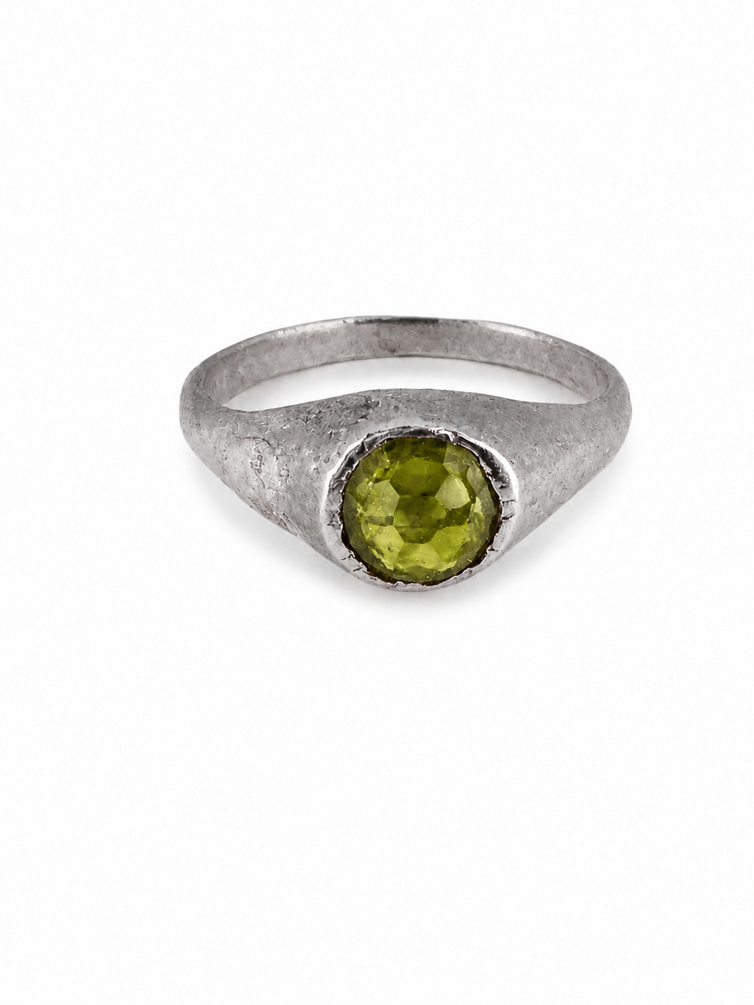 Silver medieval peridot stirrup ring from East Yorkshire, with hand-cut gemstone