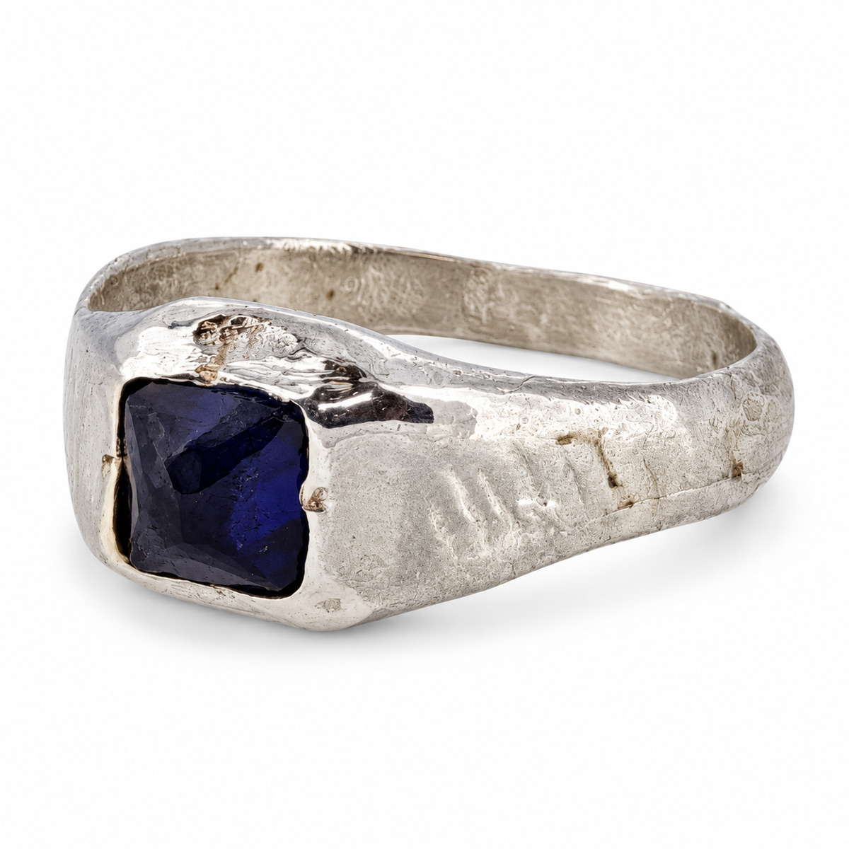 Silver medieval square gemstone ring from Humberside, sapphire, three-quarter view