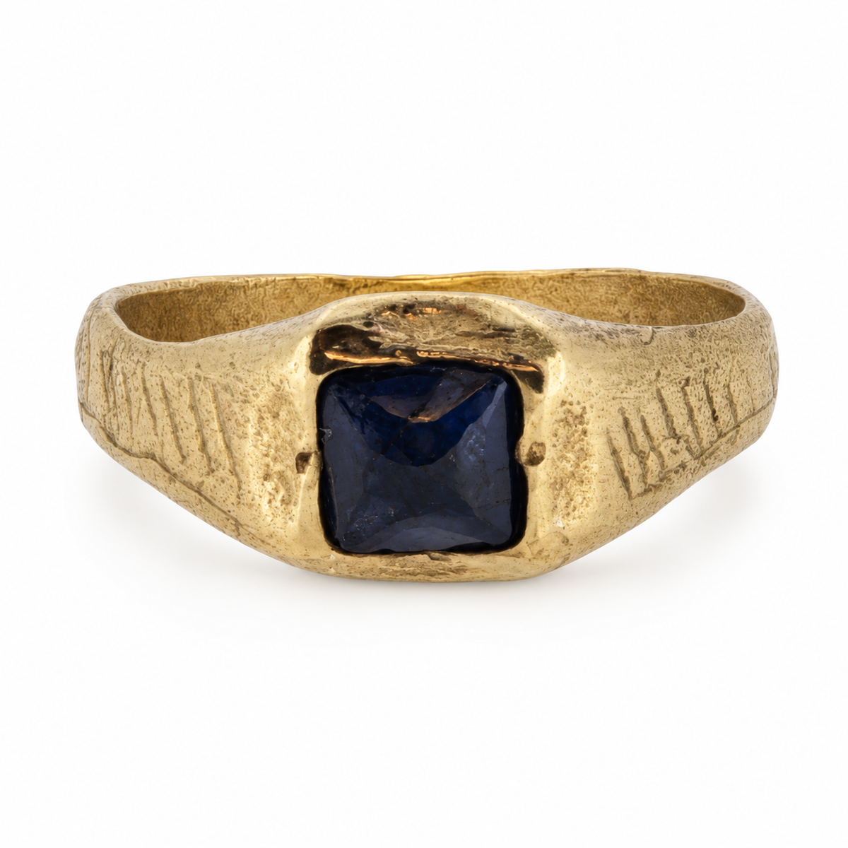 Gold medieval square gemstone ring from Humberside, sapphire, front view; individually hand cast in Leeds, British-made.