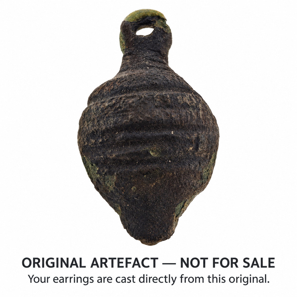 Original acorn-shaped artefact found in North Yorkshire, attributed to the Tudor period — not for sale; earring drops are direct castings, close view