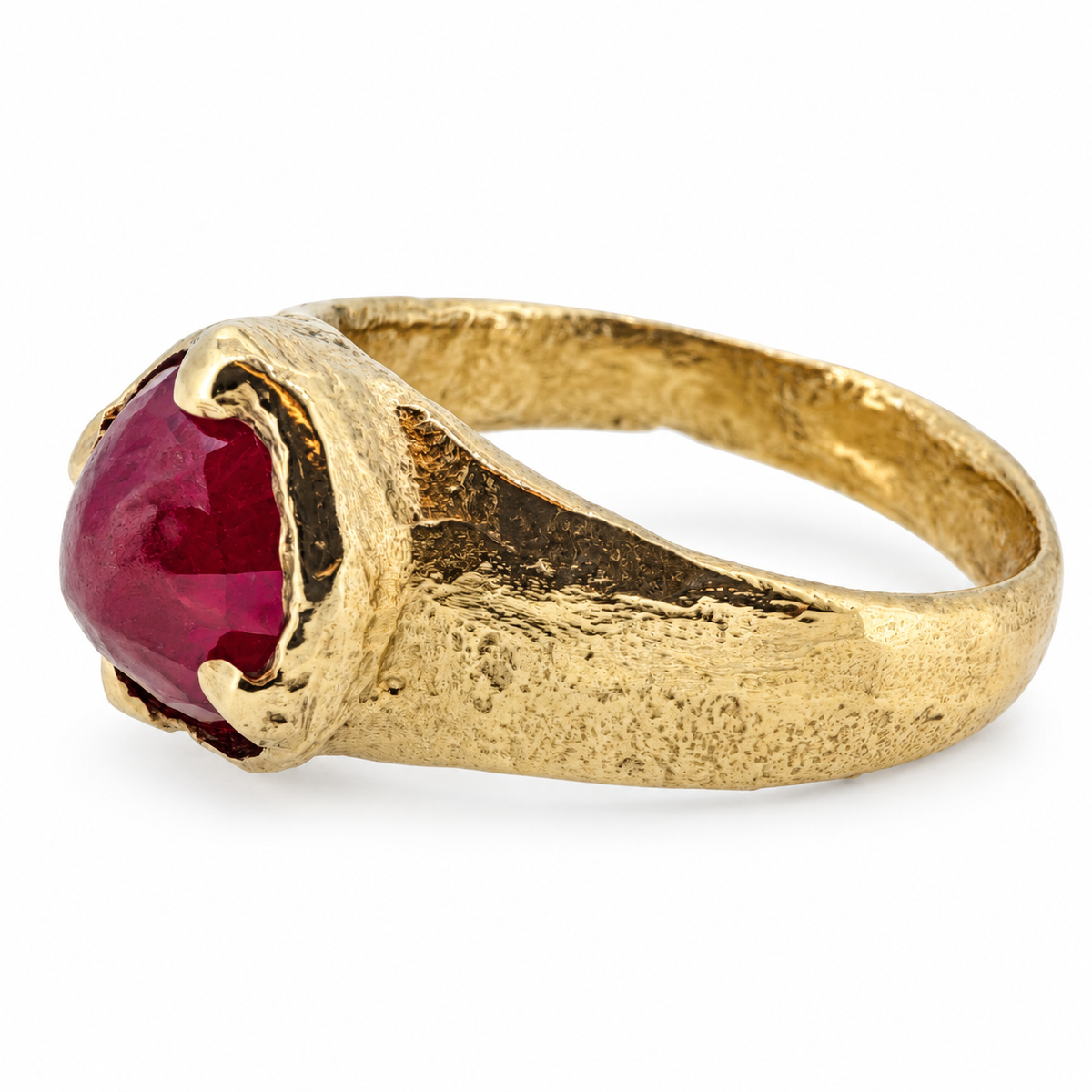 Gold Viking ruby ring — side view; individually hand cast in Leeds