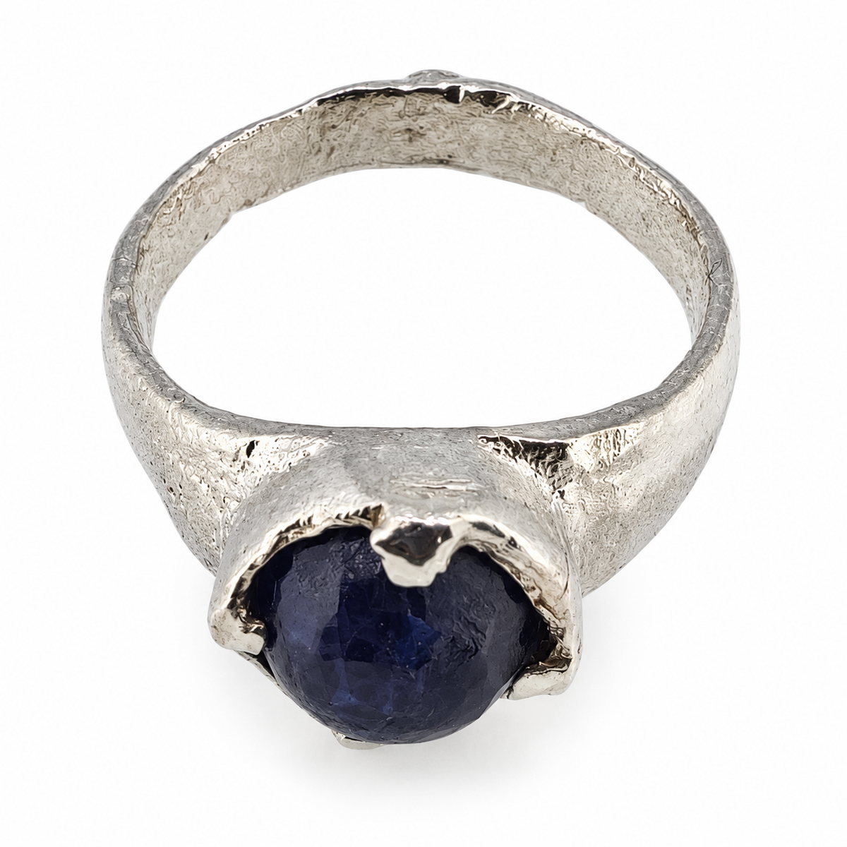 Silver Viking sapphire ring — elevated view; individually hand cast in Leeds