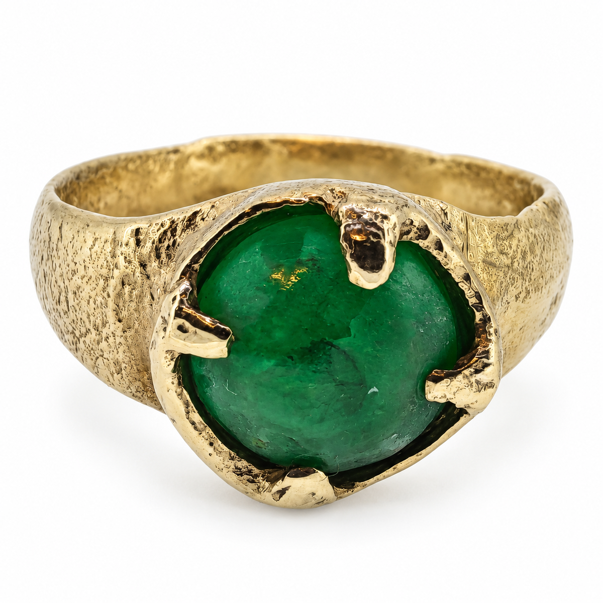 Gold Viking emerald ring — front view; individually hand cast in Leeds