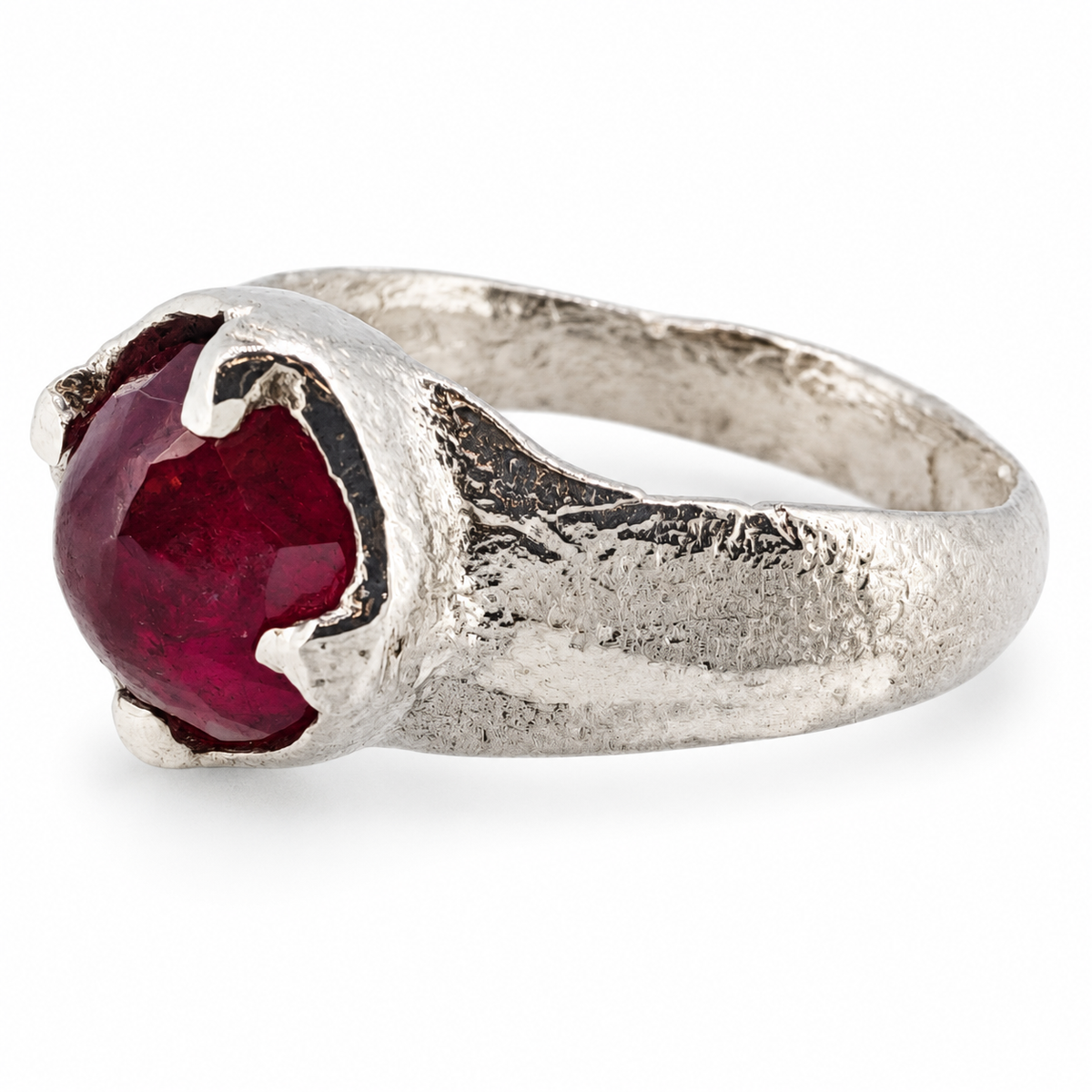 Silver Viking ruby ring — side view; individually hand cast in Leeds