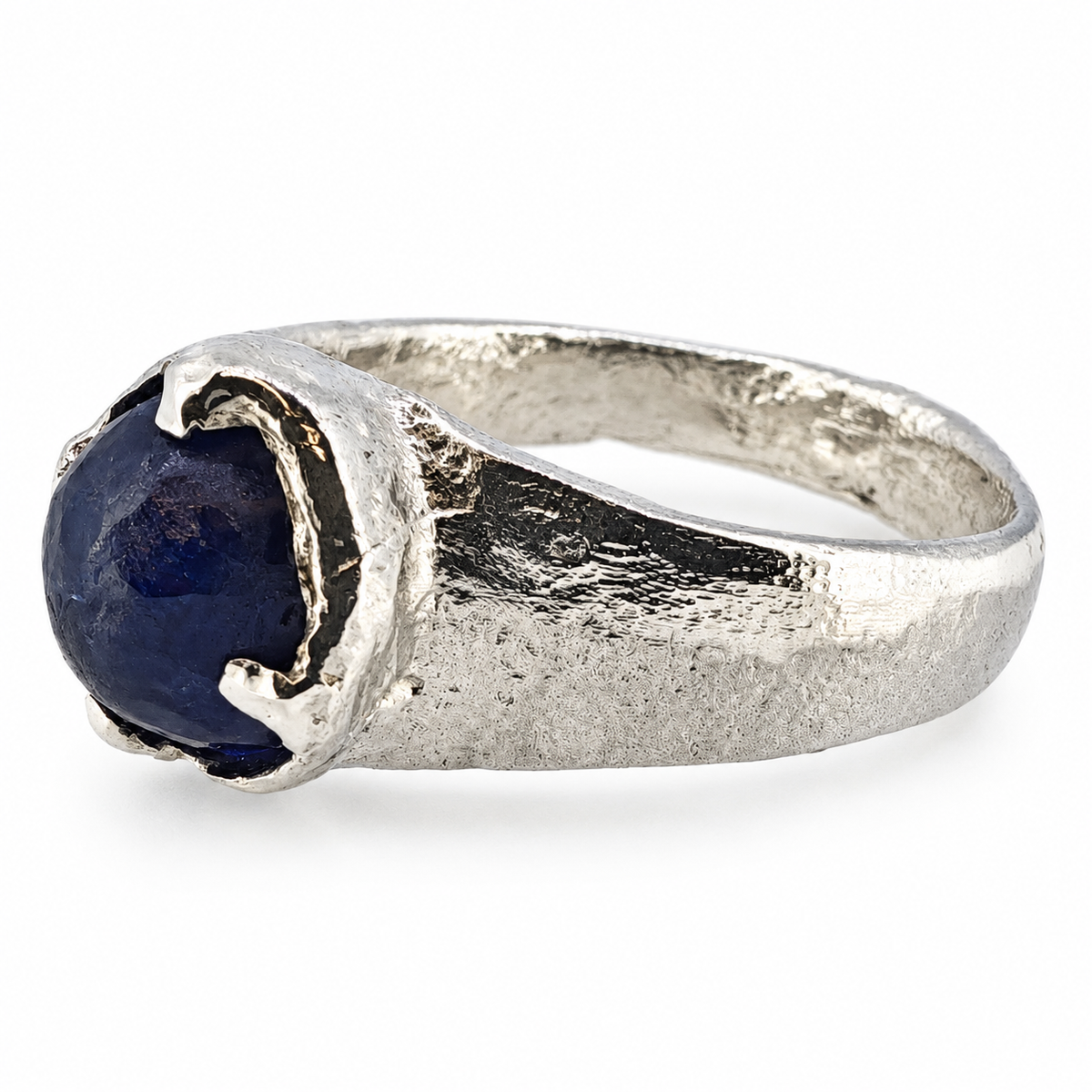 Silver Viking sapphire ring — side view; individually hand cast in Leeds