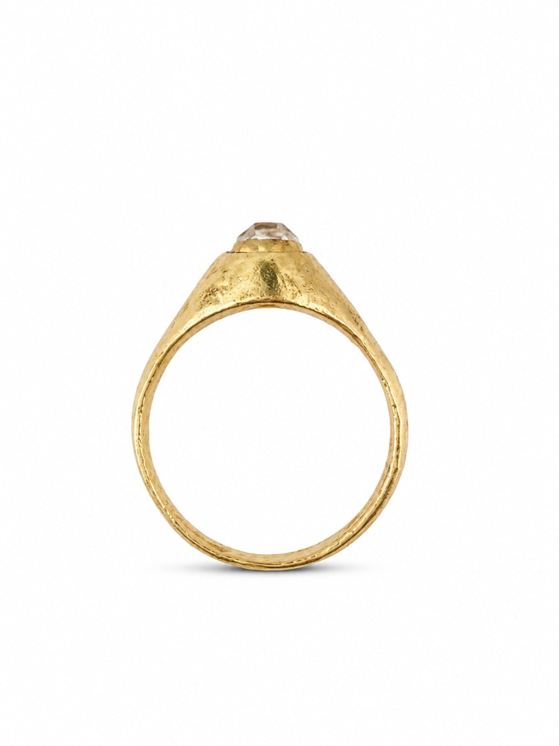 Gold East Yorkshire medieval stirrup ring showing the elevated 6mm rose-cut diamond and slender band