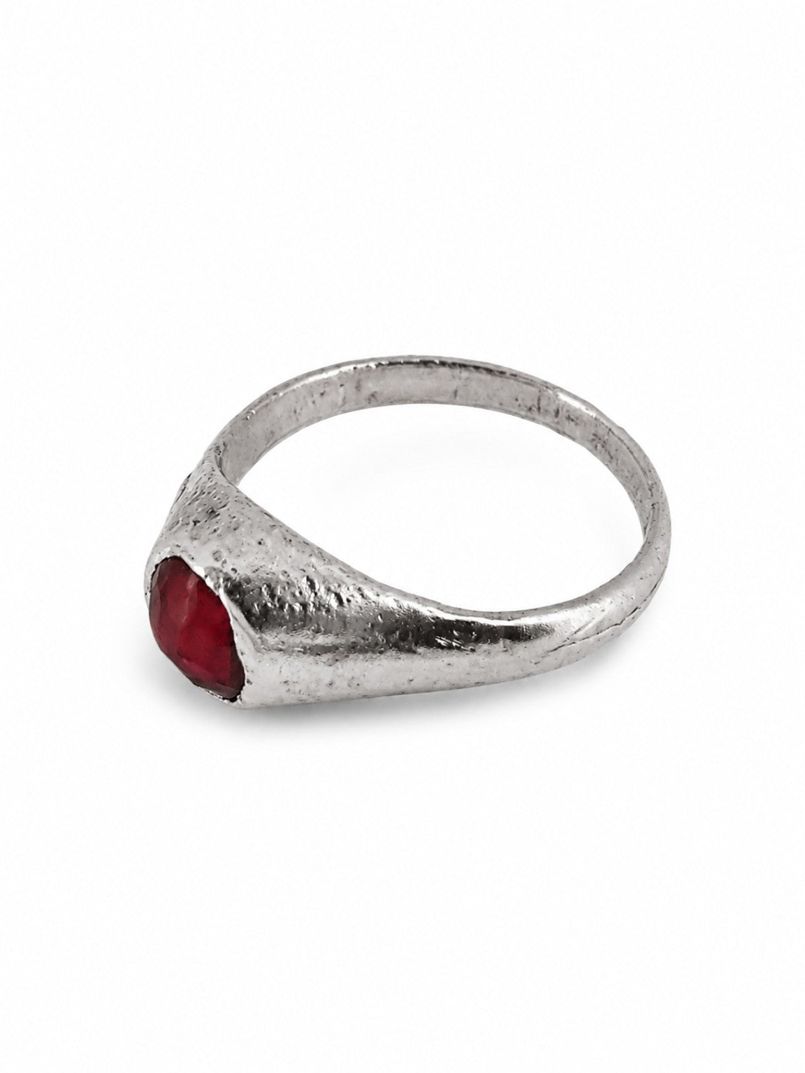 Silver East Yorkshire medieval ruby stirrup ring showing the raised cabochon setting and handmade surface