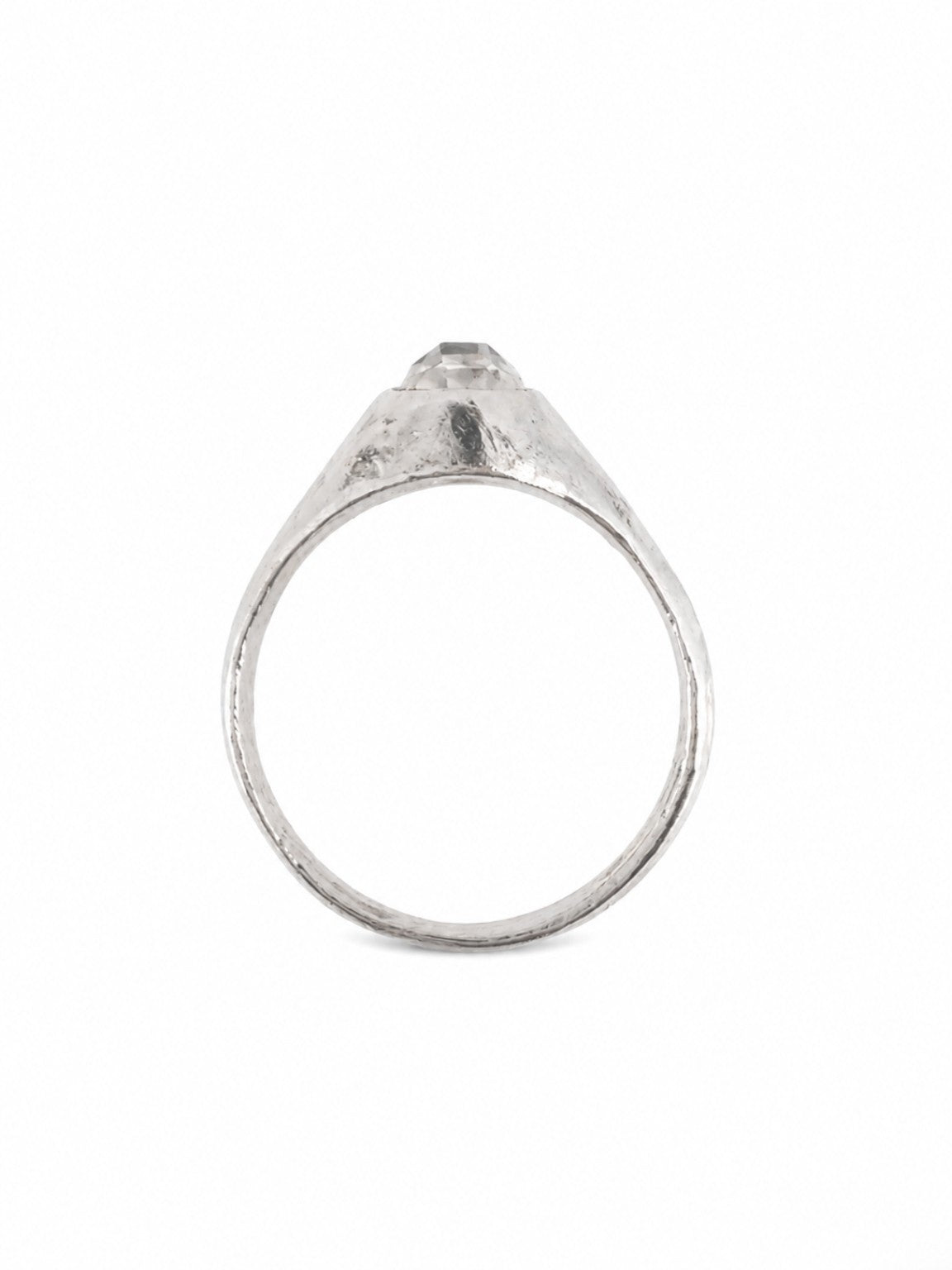 Platinum East Yorkshire medieval stirrup ring showing the elevated 6mm rose-cut diamond and slender band