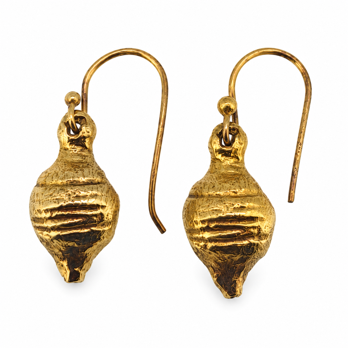 Gold Tudor acorn earrings — front view; British-made and individually hand cast in Leeds from a North Yorkshire find