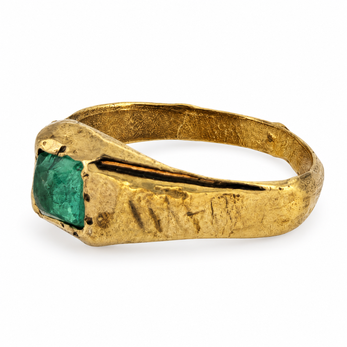 Gold medieval square gemstone ring from Humberside, emerald, side view; individually hand cast in Leeds, British-made.
