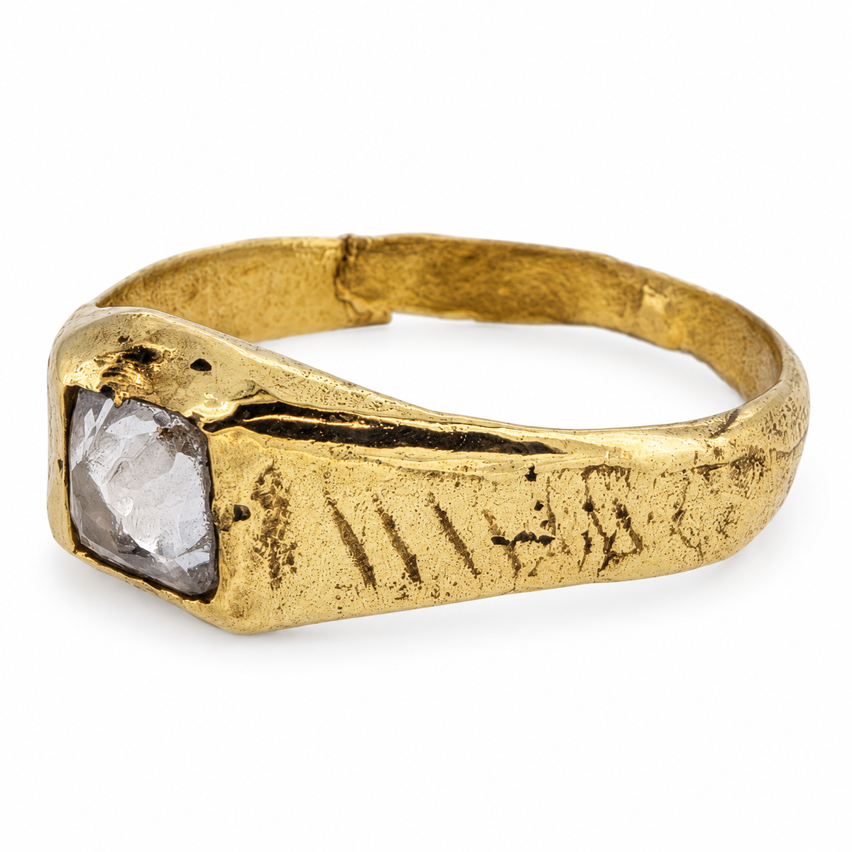 Gold medieval square gemstone ring from Humberside, diamond, side view; individually hand cast in Leeds, British-made.
